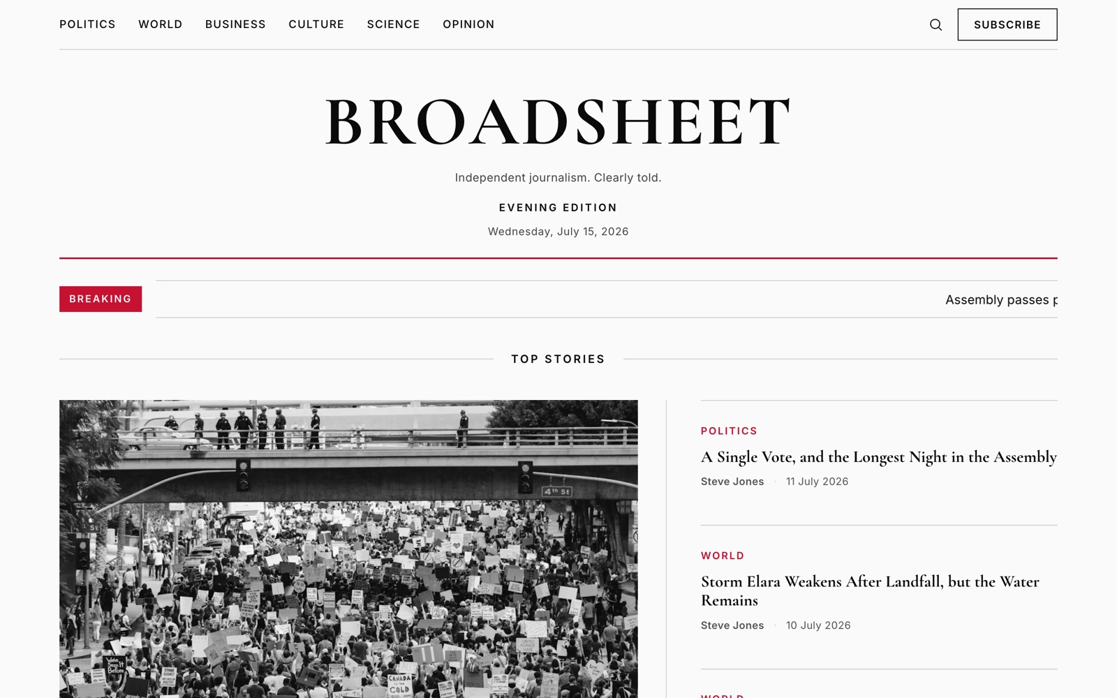 Broadsheet theme — newspaper homepage