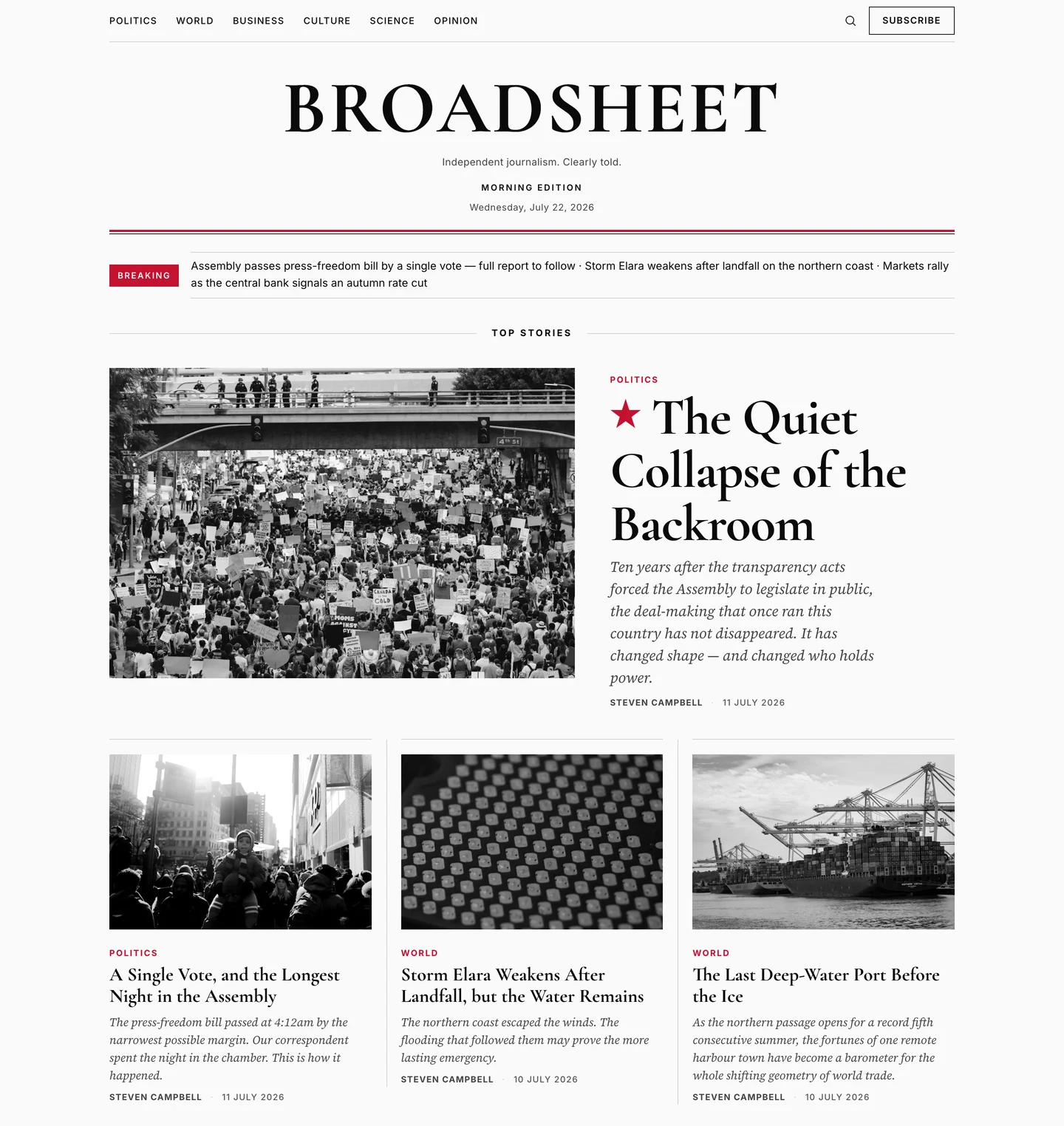 Broadsheet morning edition with a lead story and newsroom story grid