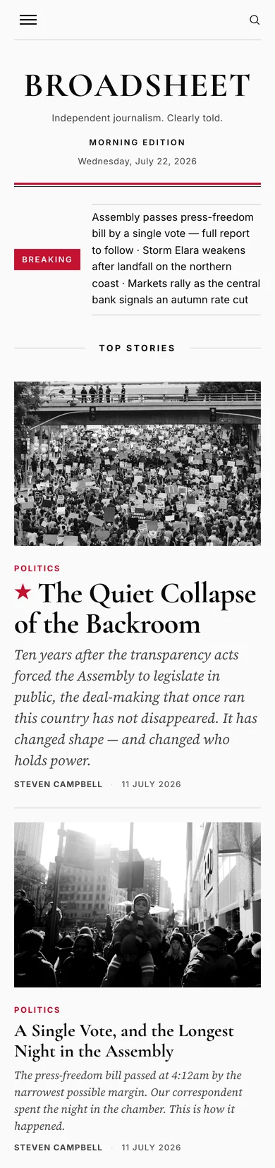 Broadsheet front page rendered at 390 pixels wide